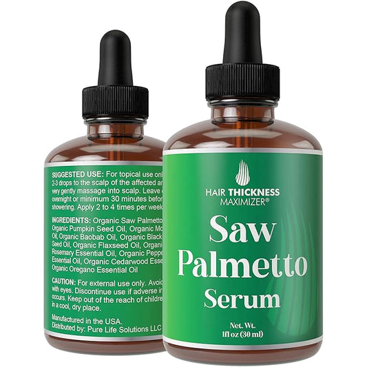 Saw Palmetto Serum for Hair Growth: Rosemary, Peppermint, Pumpkin Seed Oils. Vegan Thickening, Moisturizing, Strengthening Treatment for Women, Men - Weak, Dry, Frizzy Hair - 1oz