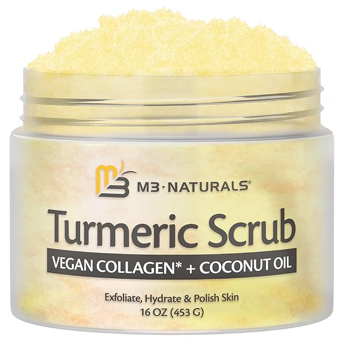 Exfoliating Turmeric Scrub and Skin Exfoliator with Collagen and Coconut Oil, Gently Exfoliates Face, Body, Hands, and Feet, Moisturizing Skincare, 16 oz by M3 Naturals