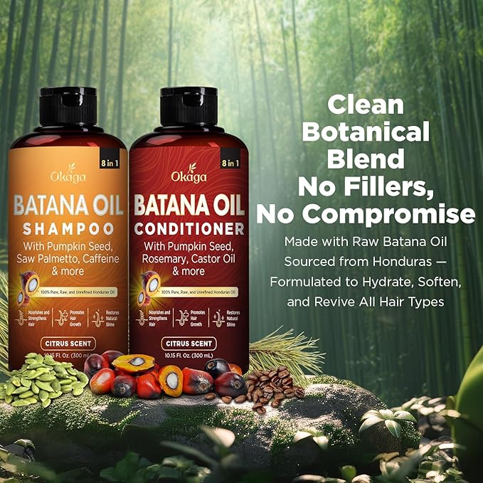 Batana Oil Shampoo & Conditioner Bundle (Okaga Shower Set) with Aloe Vera Leaf Juice, Saw Palmetto, Caffeine, Biotin, Jojoba, Pumpkin Seed, Castor, Rosemary & Hydrolyzed Rice Protein