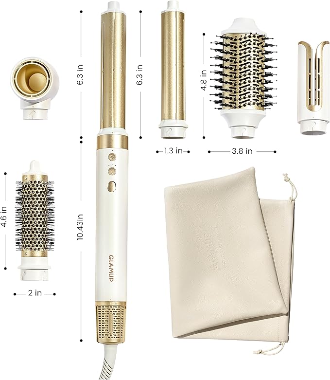 GLAMUP® 6 in 1 Hot Air Styler, Upgraded Long Barrel, Round Brush, Powerful High Speed Dryer, Tight Grip, Curling Volumizing Gift Set with Travel Bag