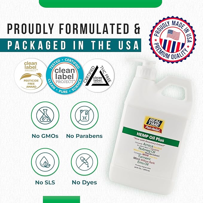 Real Time Pain Relief Hemp Oil Plus 64 oz Bottle | 20 Natural Ingredients: 5% Arnica, Turmeric & More | Fast-Absorbing Lotion for Muscles, Hands, Feet, Ankles, Back, Shoulders & Knees