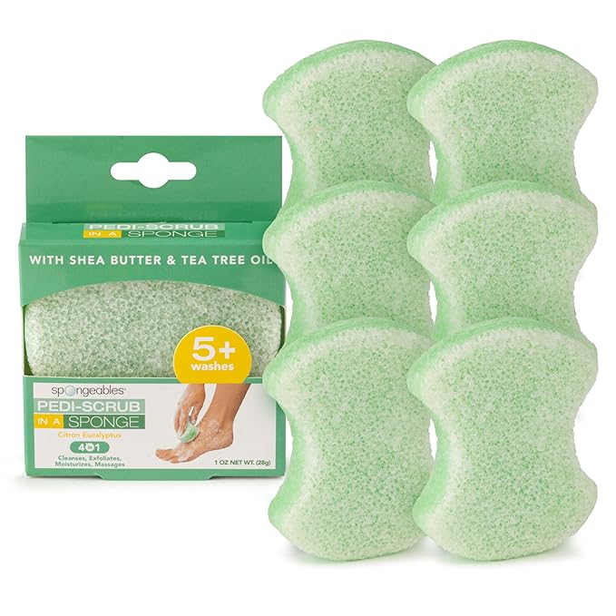 Spongeables Pedi Scrub Foot Exfoliating 5+ Wash Sponge, Citron Eucalyptus, 6 Count