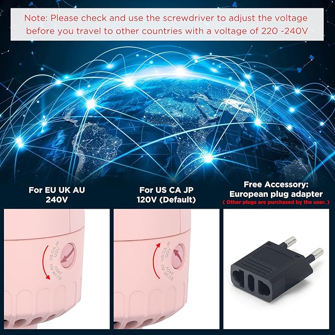 Aima Beauty Worldwide Travel Hair Dryer Brush 110V-240V Dual Voltage Blow Dryer Brush Hot Air Brush with Oval Barrel 360° Hot Airflow, Negative Ionic Frizz-Free Drying/Straightening/Voluming, Pink