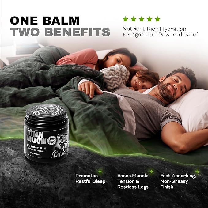 Beef Tallow for Skin, Face & Body Balm with Magnesium for Sleep, Leg Cramps & Pain, Muscle Relaxation, Moisturizing Topical Cream - Organic Grass-Fed & Grass-Finished Tallow, Manuka Honey Lotion