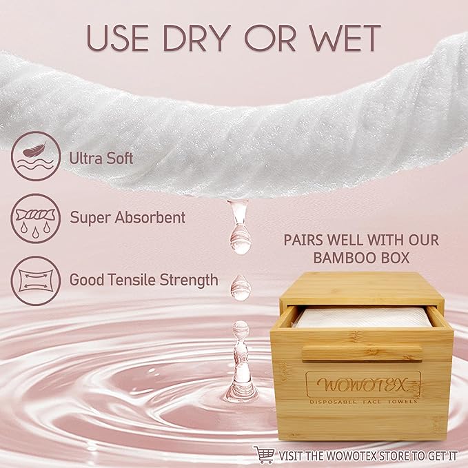 100% Cotton Disposable Face Towel 50 Count 10x12 Inch | Biodegradable Thick Soft One Time Use Dry Wipes for Sensitive Skin, Baby Care, Facial Cleaning, Makeup Removal