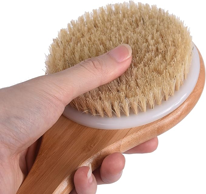 Chikoni Dry Bath Body Brush Back Scrubber with Anti-Slip Long Wooden Handle, Natural Bristles Body Massager, Perfect for Exfoliating, Detox and Cellulite, Blood Circulation, Good for Health