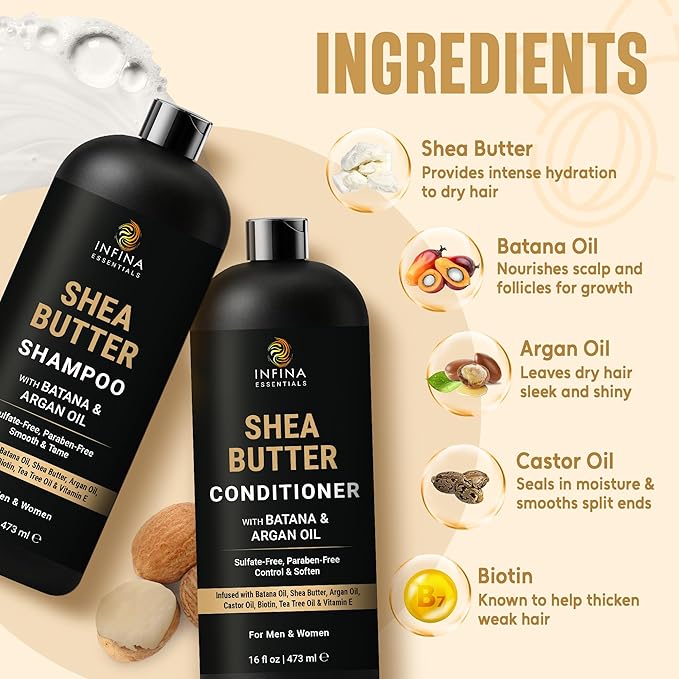 Shea Butter Shampoo & Conditioner Set | 16 fl oz Each | with Batana Oil & Argan Oil | Moisturizing, Strengthening & Frizz Control Formula | Supports Hair Growth & Adds Thickness