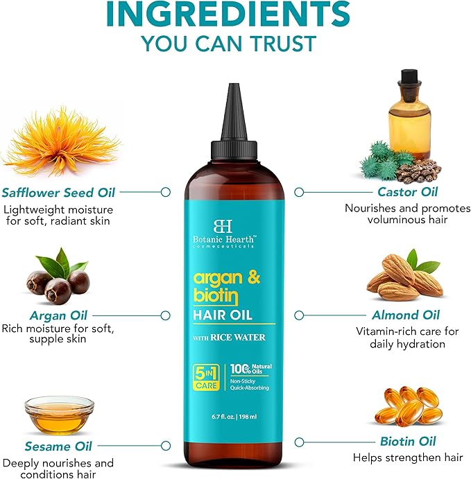 Botanic Hearth Argan & Biotin Oil to Tame Frizz and Add Shine (6.7 fl oz)|Nourishing and Strengthening Hair Treatment for Thicker, Healthier|Looking Hair | Paraben Free | Suitable for All Hair Types