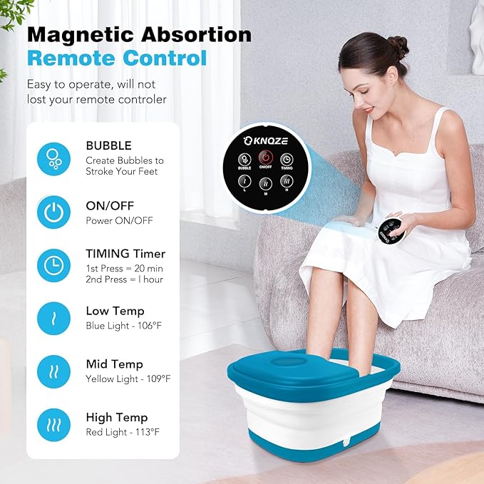 KNQZE Collapsible Foot Spa with Heat, Remote Control, Temperature Control, Bubbles, Pumice Stone, Red Light, Timer, 16 Massage Roller Pedicure Foot Bath Tub Foot Soaker for Relaxation & Stress Relief