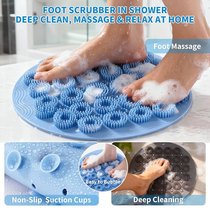 Shower Foot Scrubber Mat & Silicone Back Scrubber with Soft Silicone Bristles,Quick Drying Foot Scrubber in Shower,Deep-Cleaning Wall Mounted Back Scrubber Bath (Blue)