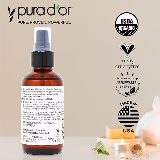 PURA D'OR ORGANIC Rosehip Seed Oil Hair Relaxer (4 Oz x3 = 12 Oz) 100% Pure Cold Pressed USDA Certified All Natural Anti-Aging, Scar Treatment, Gua Sha Massage, Face, Hair & Skin - Women & Men