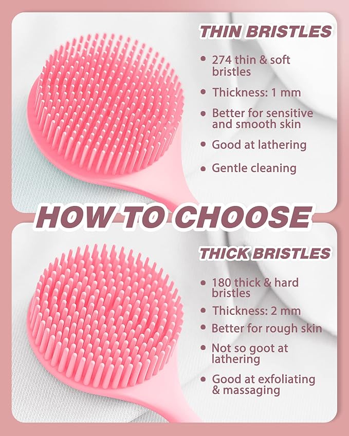 Manmihealth Silicone Back Scrubber(Thin Bristles) & Soft Bath Brushes Set, Super-Cleaning Body Scrubber & Super-Lathering Soft Bath Glove Combination, with a Free Hook.(Pink)