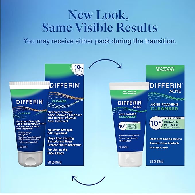 Differin Acne Face Wash with 10% Benzoyl Peroxide, Maximum Strength OTC Acne Foaming Cleanser, Fast Acting Acne Treatment for Face and Body, 5 oz.