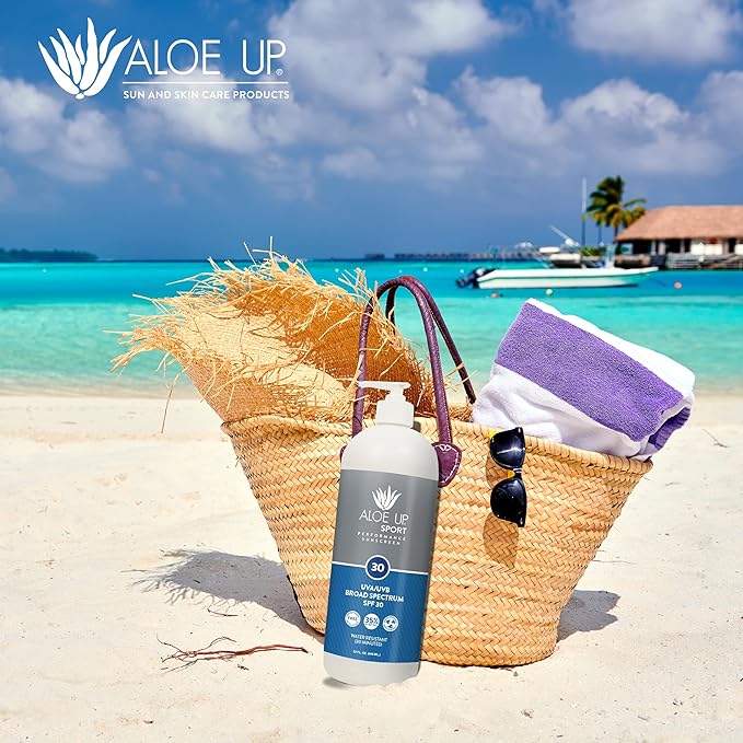 Aloe Up Sport Sunscreen Lotion SPF 30 - Broad Spectrum UVA/UVB Sunscreen Protector for Face and Body With Hydrating Aloe Vera Gel Non-Greasy No White Cast Reef Safe Fragrance-Free - 32 Oz.