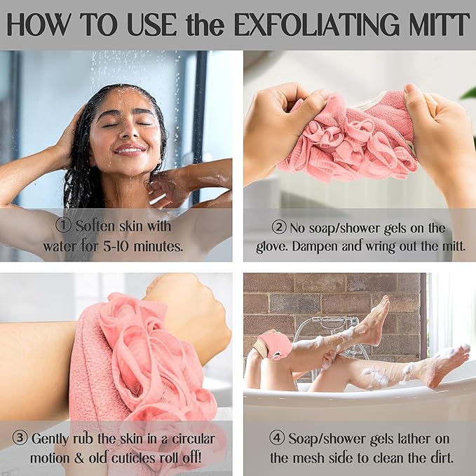 Deep Exfoliating Glove for Shower Double-Sided Mitt, with Extra Long Exfoliating Washcloth - Extreme Body & Back Scrubber for Shower, Massage Scrub Exfoliator & Bath Loofah Sponge (2-Pink)