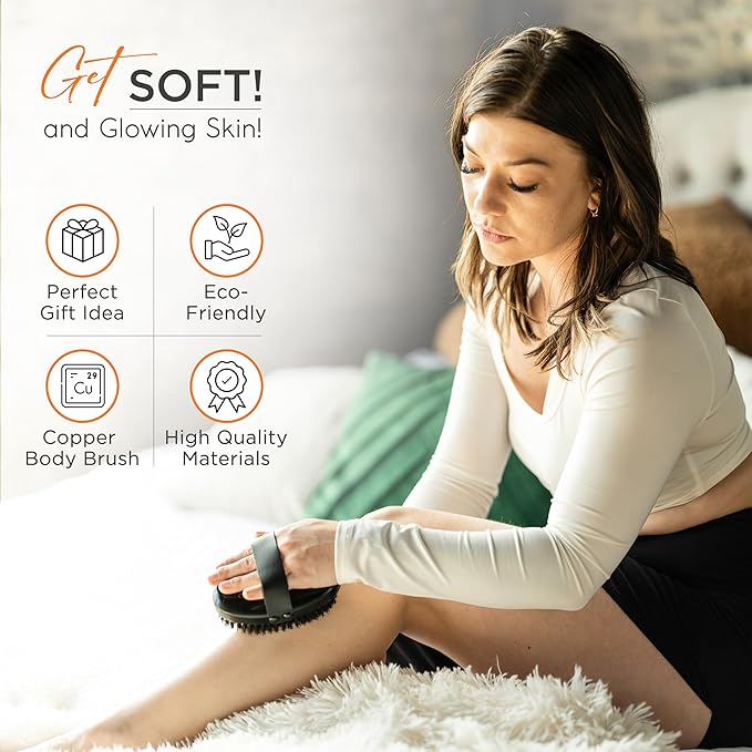 Copper Dry Brushing Body Brush for Lymphatic Drainage by HAPPY SOL - Ion Charged Copper Bristles for Glowing Skin, Improve Blood Circulation and Reduce Stress
