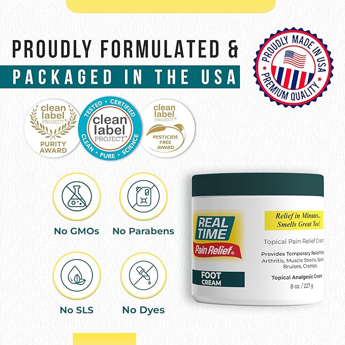 Real Time Pain Relief Foot Cream 8oz Jar | 15 Natural Ingredients: 1.5% Menthol, Tea Tree Oil, Vitamin E & Emu Oil | Advanced Neuropathy Relief & Soothing Lotion for Tired, Swollen, Sore & Aching Feet