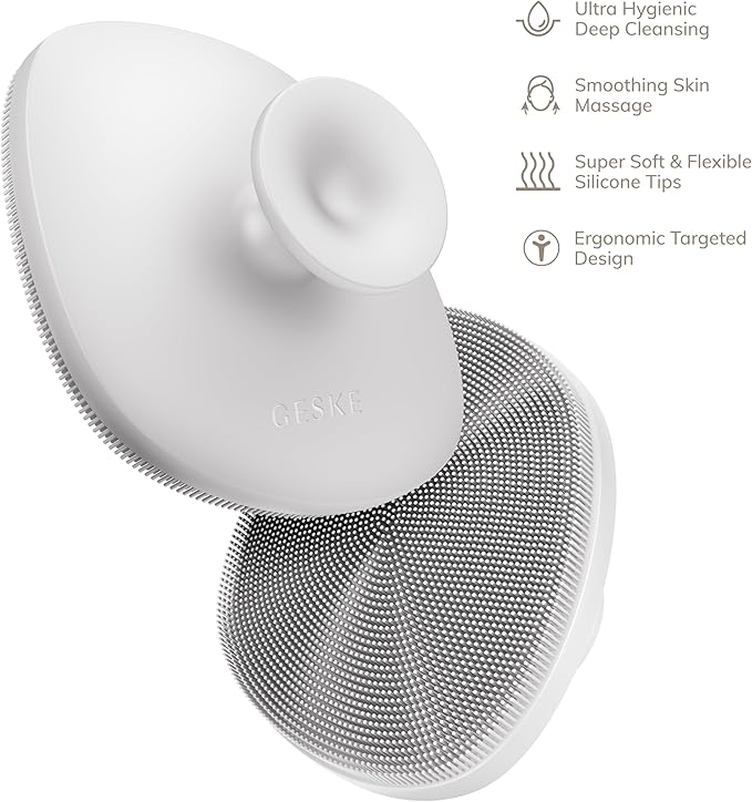 GESKE Body Brush | 4 in 1 | Cleansing Brush for The Entire Body | Professional Deep Cleaning | Soft Silicone Bristles | Ergonomic Two-Finger Design | Cleanses & Massages