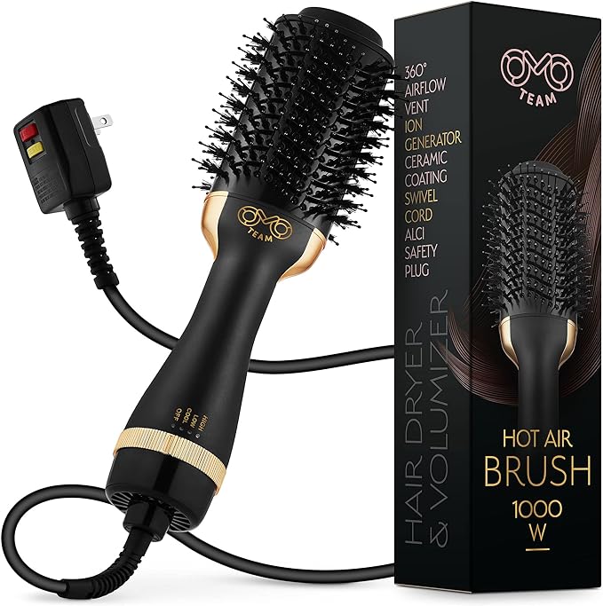 Professional Blowout Hair Dryer Brush, Black Gold Dryer and Volumizer, Hot Air Brush for Women, 75MM Oval Shape (Black Gold)