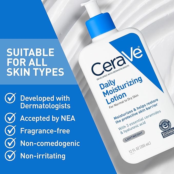 CeraVe Daily Moisturizing Lotion for Dry Skin, Body Lotion & Face Moisturizer with Hyaluronic Acid and Ceramides, Daily Moisturizer, Fragrance Free, Oil-Free, 19 Ounce