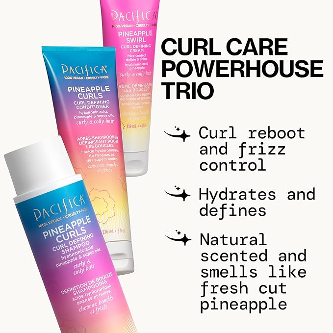 Pacifica Beauty Pineapple Curls 3-Step Hair Care Kit: Curl Defining Shampoo + Conditioner + Pineapple Swirl Curl Cream – Enhances Curls, Reduces Frizz, Vegan & Silicone-Free