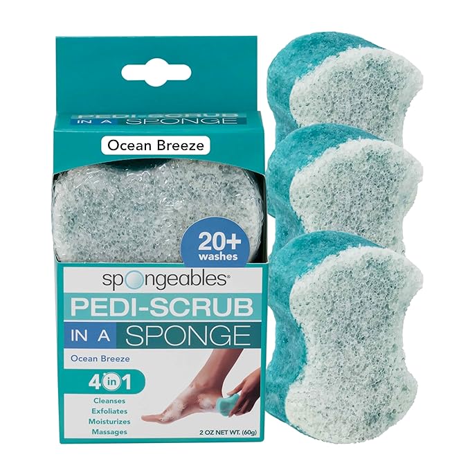 Spongables Pedi Scrub Foot Exfoliating 20+ Wash Sponge, Ocean Breeze, 3 Count