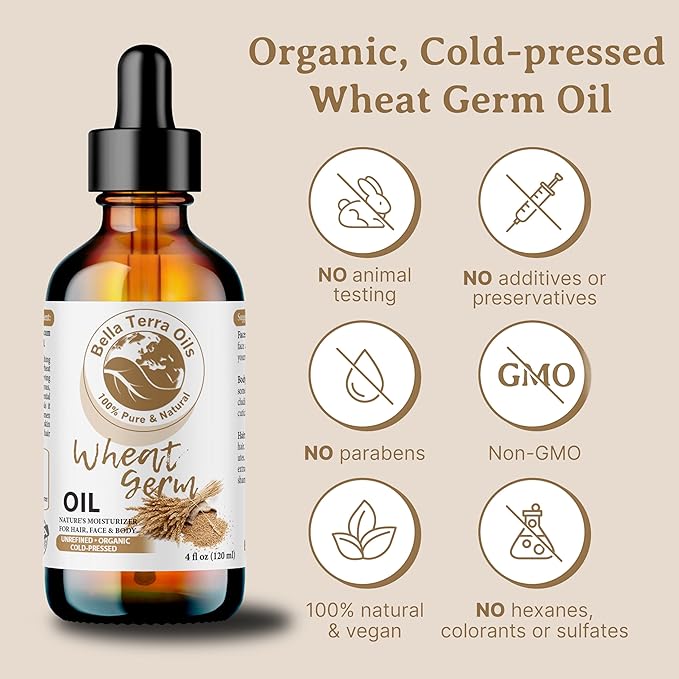 Bella Terra Oils - Organic Wheat Germ Oil 8 oz - Potent Vitamin E Oil for Skin, Celebrate Beauty with Essential Nutrients, The Pinnacle of Face Oils