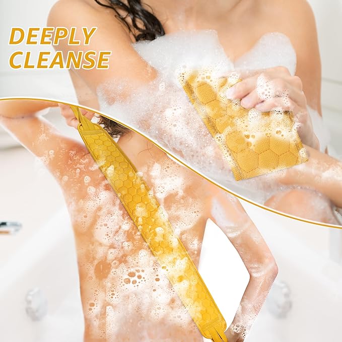 39.37 Inch Exfoliating Back Scrubber with Handles, Extended Exfoliating Back Scrubber for Shower, Soft Double-Sided Body Exfoliator for Deep Cleaning Your Skin for Men & Women, Yellow