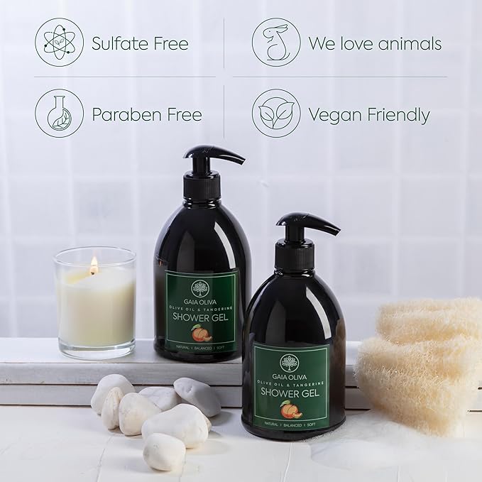 GAIA Oliva Olive Oil Shower Gel – Natural Body Wash with Tangerine, Hydrating, Moisturizing Body Wash for Women & Men, Plant-based Bath & Shower Gel for Dry Skin, 16.9 Fl Oz (Pack Of 2)