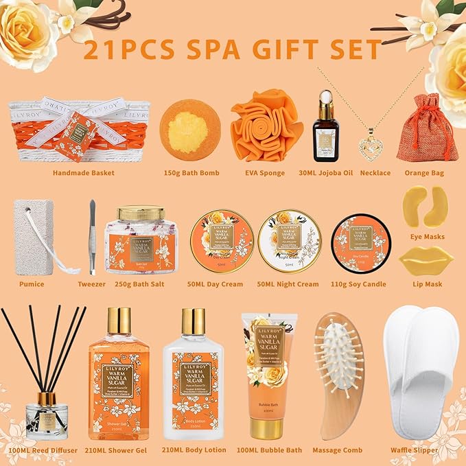 Christmas Gifts for Women - 21-Piece Luxury Vanilla Sugar Bath and Body Spa Gift Basket Set for Women Self Care Kit with Necklace, Bath Bomb | Valentine's Day, Mothers Day Gifts for Mom, Wife
