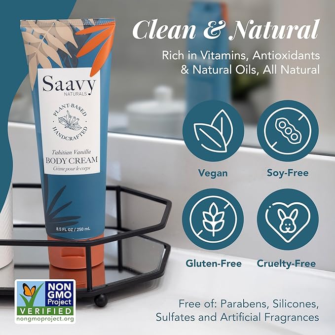 Saavy Naturals Body Cream Tahitian Vanilla, Clean Plant-Based Ingredients - Made In USA - Absorbent Shea Butter Vegan, Thick and Creamy Body Moisturizer, Body Lotion for Dry Skin- 8.5 Fl Oz, 2 Pack
