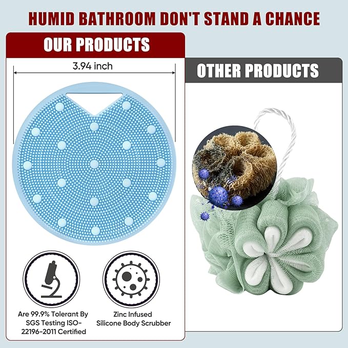 Silicone Body Scrubber - Anti Zinc Infused-Stiff and Soft Bristles,Exfoliating Body Wash Scrubber,Loofah Shower Scrubber for Body,Lymphatic Drainage,Blood Circulation and Lather Well - Azure