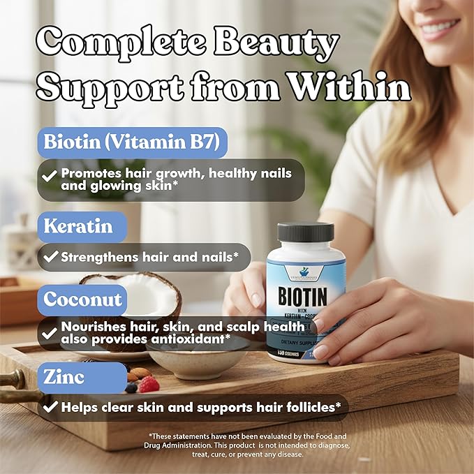 American Standard Supplements Biotin 20,000mcg with Keratin, Coconut Powder and Zinc, Biotin Supplement for Women and Men,120 Veggie Capsules, 120 Day Supply