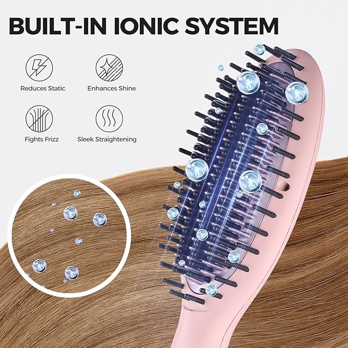 Ionic Hair Straightener Brush – Ceramic Straightening Brush with 6 Temp Settings, LCD Display, Auto-Off, Dual Voltage Flat Iron with Anti-Scald Design, Pink