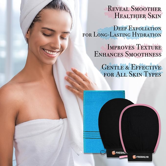 Exfoliating Gloves (3 Pcs) – Korean Body Scrubber Mitt for Shower & Bath, Deep Cleansing & Dead Skin Remover, Multi-Texture Exfoliator for Smooth & Glowing Skin