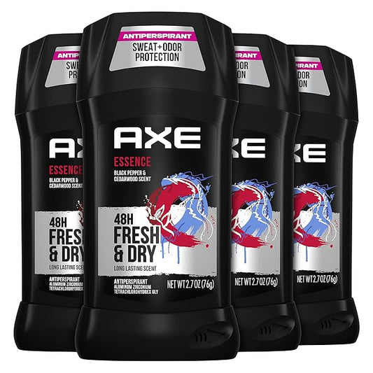 AXE Antiperspirant Deodorant for Men Essence 4 Count 48H Sweat & Odor Protection for Long Lasting Freshness, Black Pepper & Cedarwood 48 Hour Anti Sweat Mens Deodorant 2.7 oz