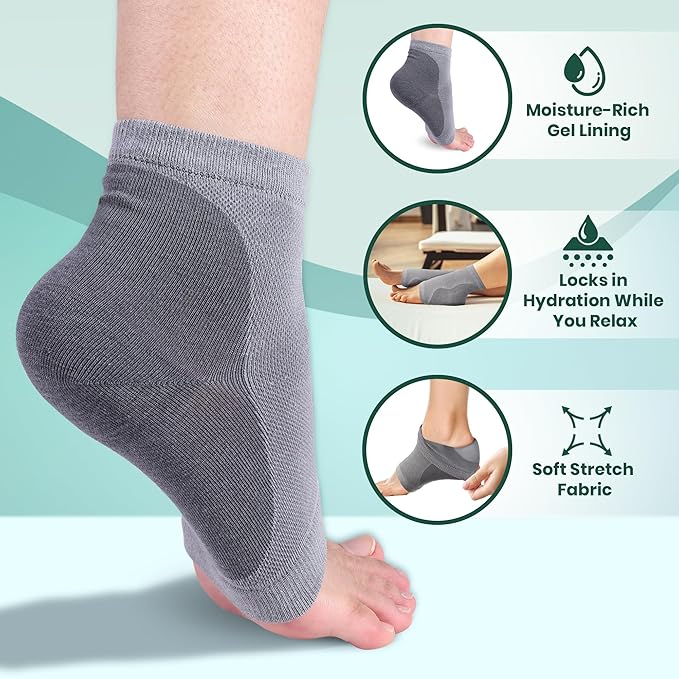 Moisturizing Heel Socks for Cracked Heels - Gel Socks for Dry Cracked Feet Repair - Silicone Socks for Women’s Foot Treatment & Overnight Hydration (Beige/Grey/Mint Green, 3-Pair)