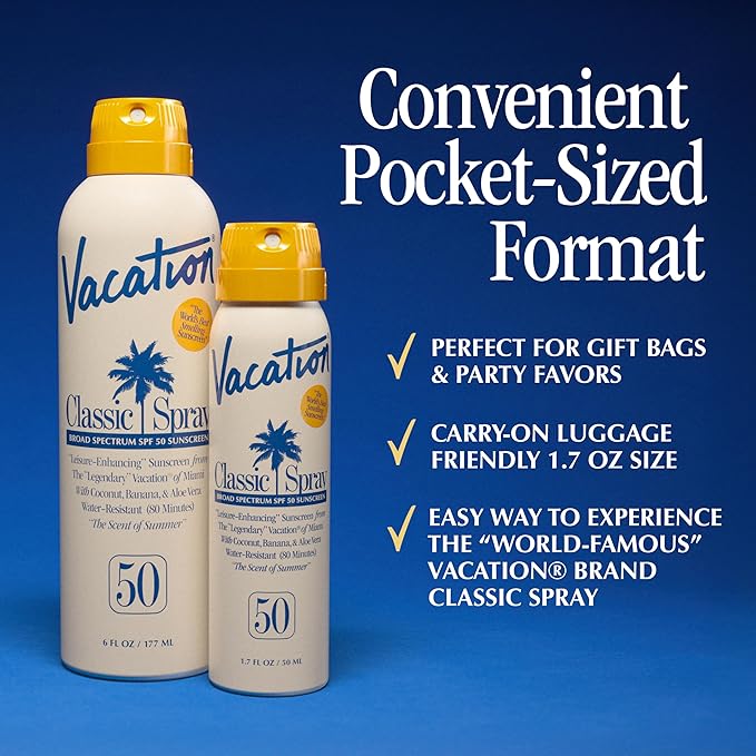 Vacation Mini Classic Sunscreen Spray SPF 50, Water-Resistant, Mini Sunscreen Bulk Party Favor, Sunblock Travel Size, TSA Suntan for Carry On, 1.7 Fl. Oz. (Value Pack of 6)