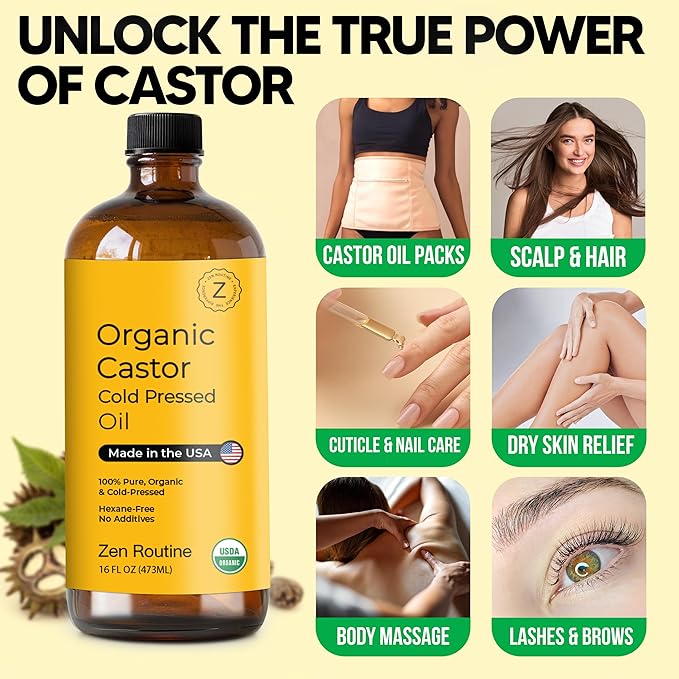 Zen Routine Organic Castor Oil 32oz Cold Pressed Unrefined Glass Bottle – Aceite de Ricino Hair Growth Oil for Hair, Lashes & Castor Oil Packs – USDA Certified, Made in USA