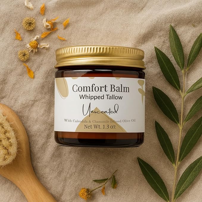 Whipped Tallow Balm – 100% Grass Fed Beef Tallow for Baby, Eczema & Sensitive Skin; Double-Infused with Calendula & Chamomile Herbs (Unscented Herb-Infused)
