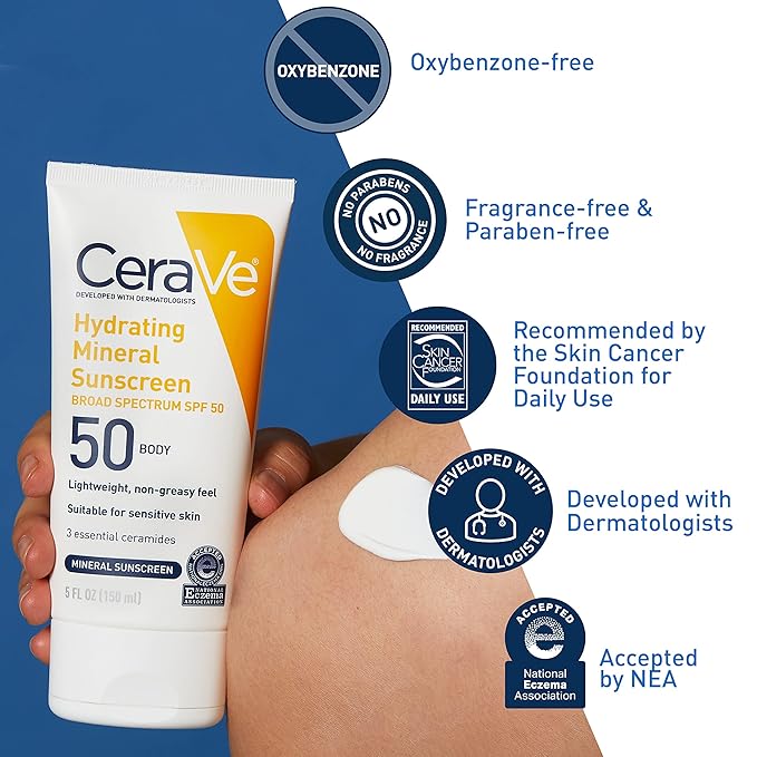 CeraVe 100% Mineral Sunscreen SPF 50 with Zinc Oxide & Titanium Dioxide, Hyaluronic Acid & Ceramides, Oil Free & Non-Greasy, Hydrating Mineral Sunscreen For Body, 5 oz