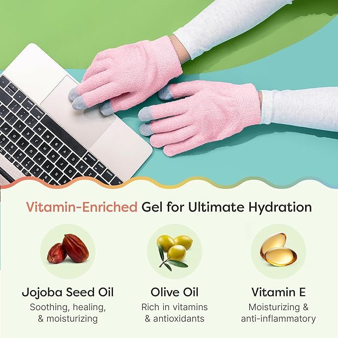 ZenToes Moisturizing Gloves for Dry Hands, Gel Infused with Jojoba Seed Oil, Olive Oil and Vitamin E, Overnight Hand Moisturizer (OSFM, Fuzzy Pink with Media Tips)