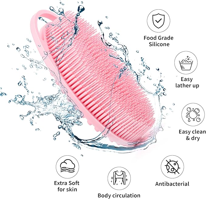 Soft Silicone Body Scrubber Loofah - 2 Pack Gentle Loofah Alternative, Fast-Drying, Hygienic Shower Brush Body Wash Scrubber for Sensitive Skin, Lather Well, Easy to Clean, Black and Pink