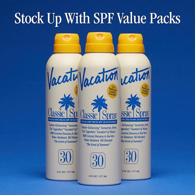 Vacation Classic Sunscreen Spray SPF 30, Water-Resistant, Lightweight, Transparent on All Skin Tones, Dermatologist-Tested, Vegan, 6 Fl. Oz. (Value Pack of 3)