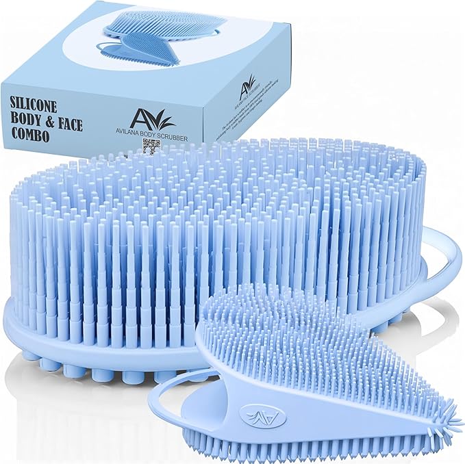Body Face Scrubber Set Silicone - 2 Pack Shower Brush Facial Cleansing Kit - Avilana Bath Loofah Alternative Complete Skincare System Dual Sided - Gift Set Women Men