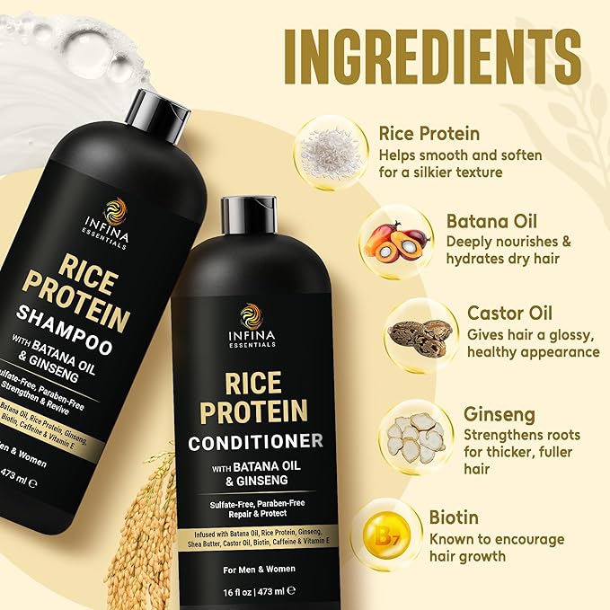 Rice Protein Shampoo and Conditioner Set | 16 fl oz Each | with Batana Oil & Ginseng | Strengthening, Thickening & Clarifying Formula | Supports Hair Growth & Repair