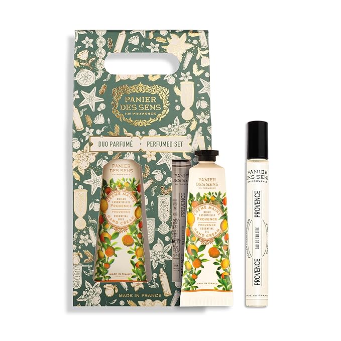 Panier des Sens - Provence Citrus Gift Duo - Hydrating Hand Cream 96% Natural Ingredients & Roll-On Eau de Toilette - Made in France, Vegan, Perfect Holiday Gift - Travel Size 1.7 Fl Oz + 0.3 Fl Oz