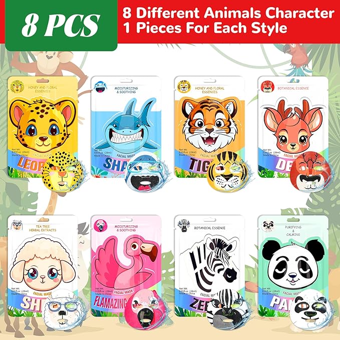 8 Pcs Animal Face Masks Bulk Spa Sheet Skincare Facial Mask Funny Face Skin Care for Women Girls Sleepover Slumber Party