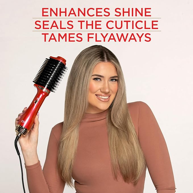 CHI Volume Styler, Blowout Brush for Amplified Volume, Heated Comb to Smoothen & Straighten Hair, 2-in-1 Hair Tool, Red