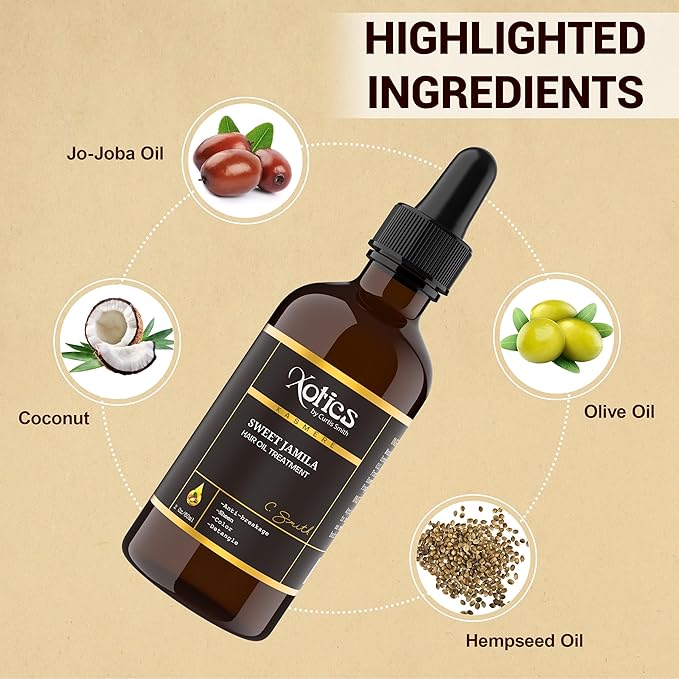Xotics Sweet Jamila Hair Oil - Natural Hair Growth Oil with Hempseed, Argan, Olive & Coconut Oil for Curly Frizzy Hair & Dry Hair - Organic Hair Oil for Black women (2oz)